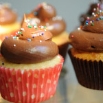 Close up Yellow cupcakes chocolate icing-2